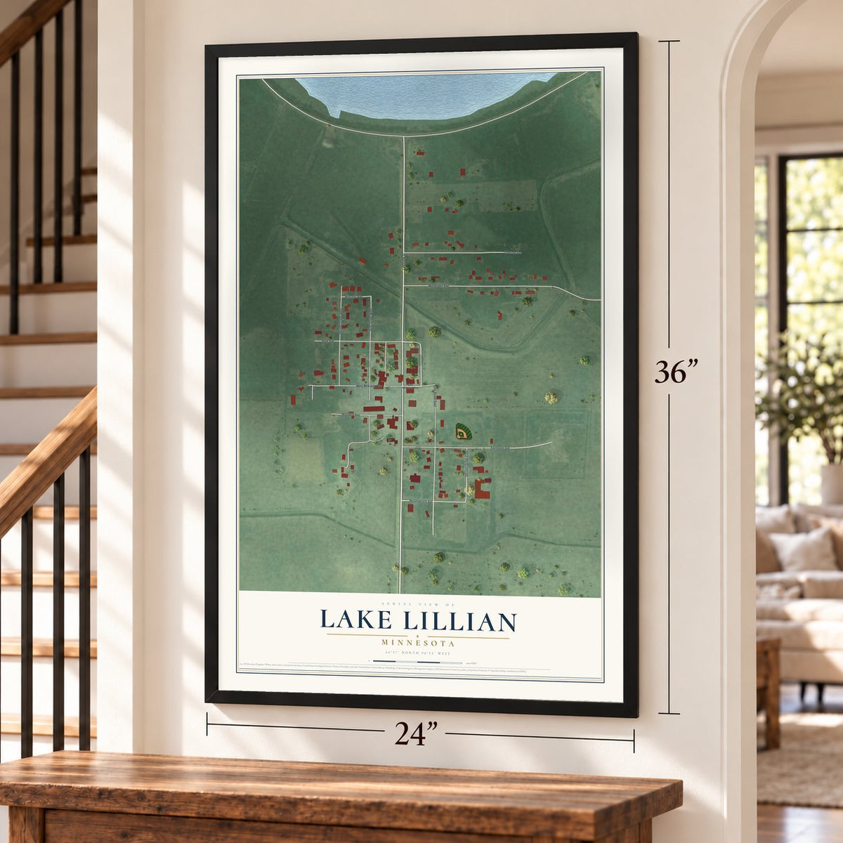 Lake Lillian, Minnesota map, 24 x 36 inch print in a black frame by a staircase