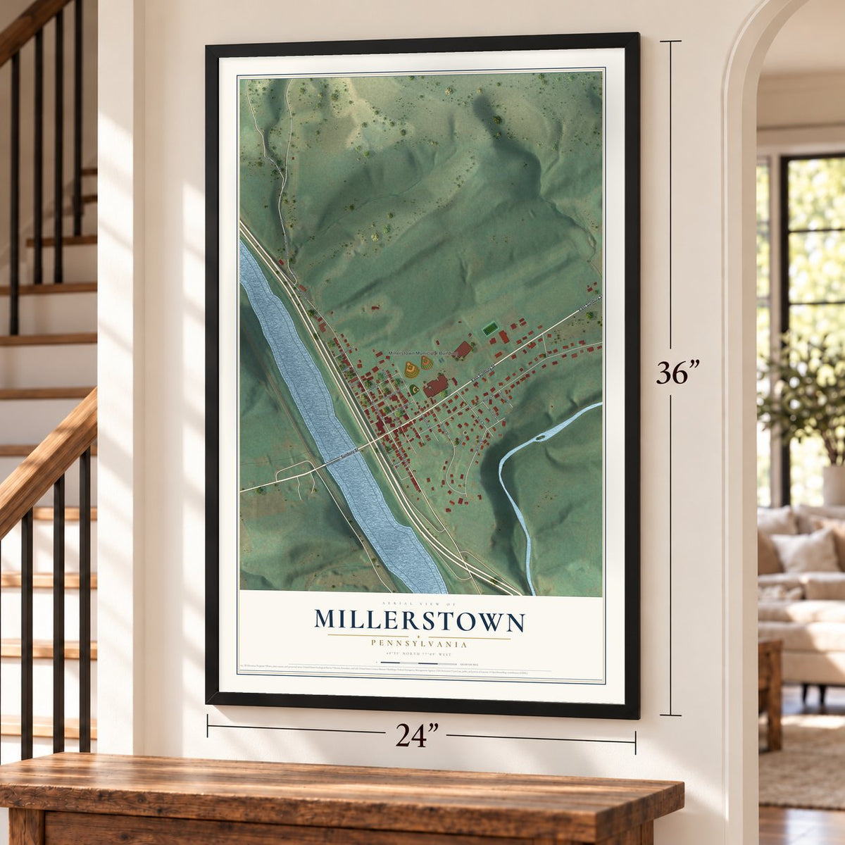 Millerstown, Pennsylvania map, 24 x 36 inch print in a black frame by a staircase
