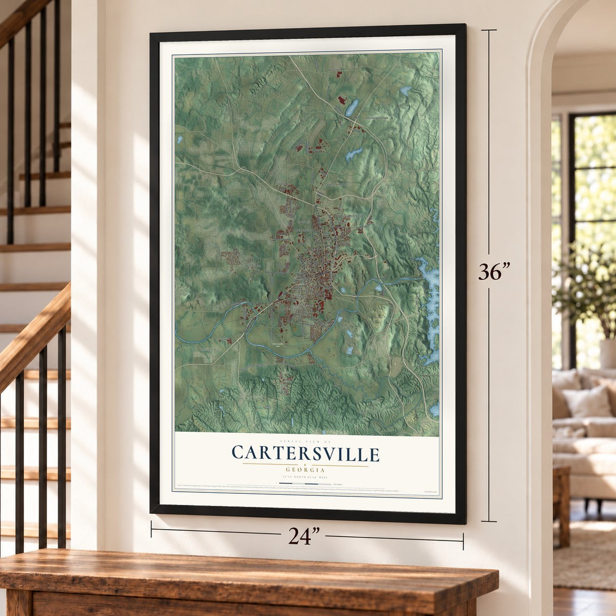 Cartersville, Georgia map, 24 x 36 inch print in a black frame by a staircase