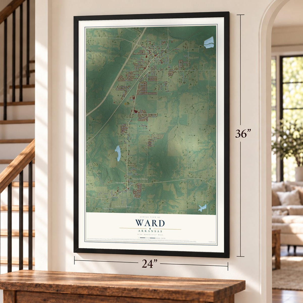 Ward, Arkansas map, 24 x 36 inch print in a black frame by a staircase
