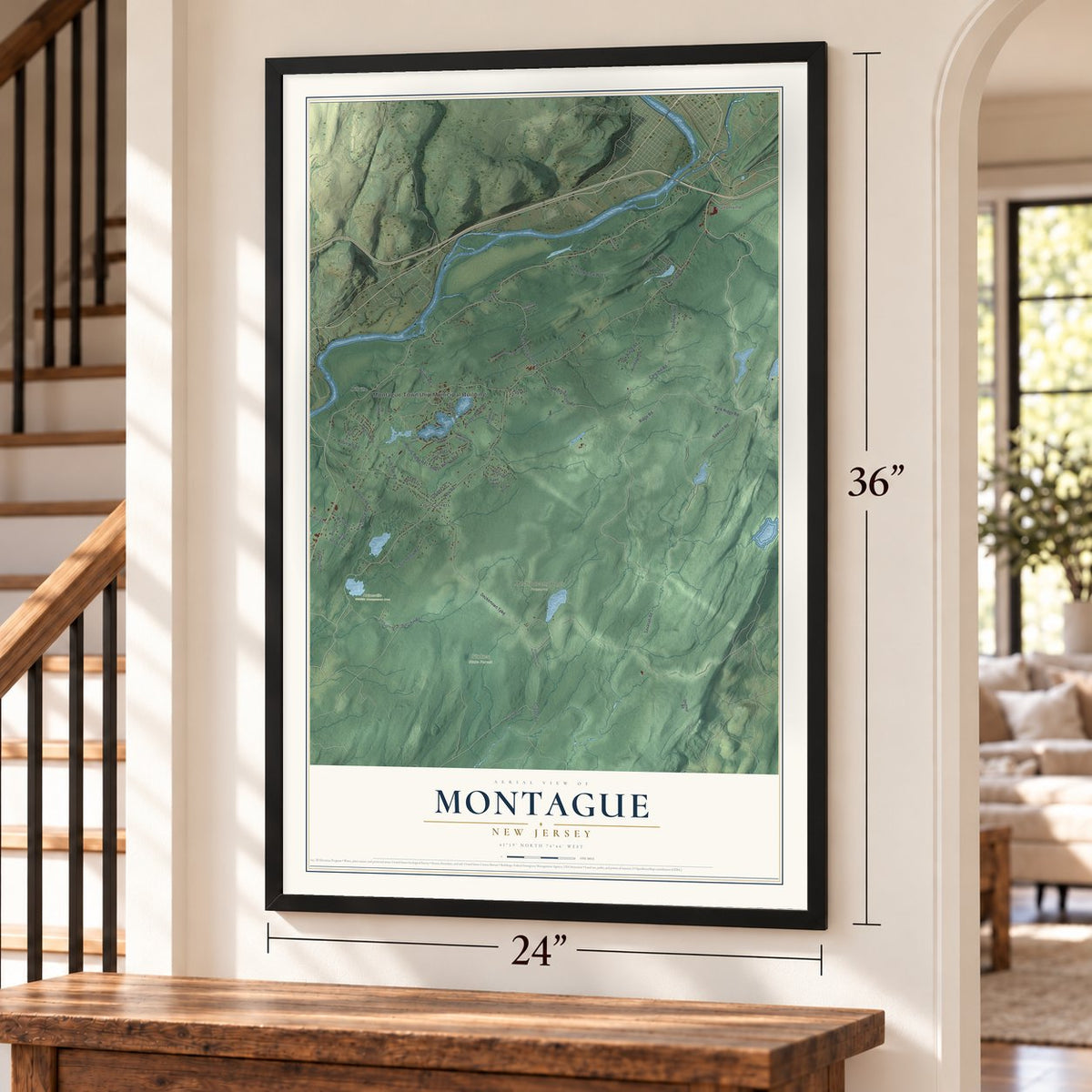 Montague, New Jersey map, 24 x 36 inch print in a black frame by a staircase