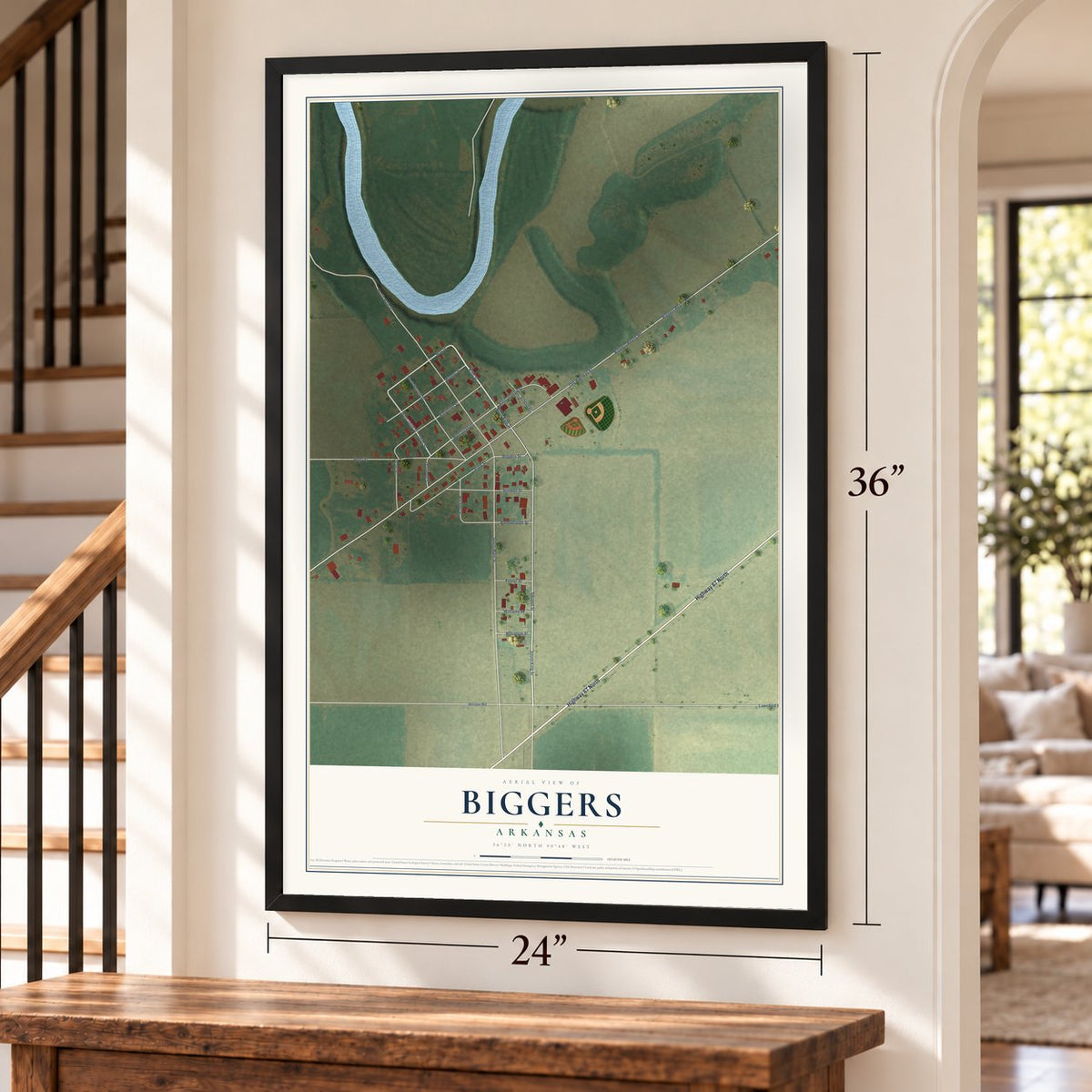 Biggers, Arkansas map, 24 x 36 inch print in a black frame by a staircase