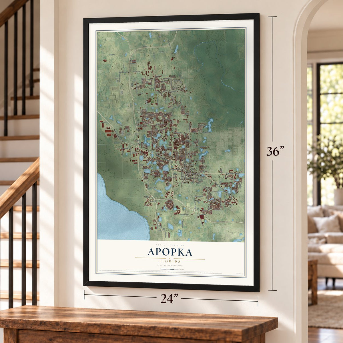 Apopka, Florida map, 24 x 36 inch print in a black frame by a staircase