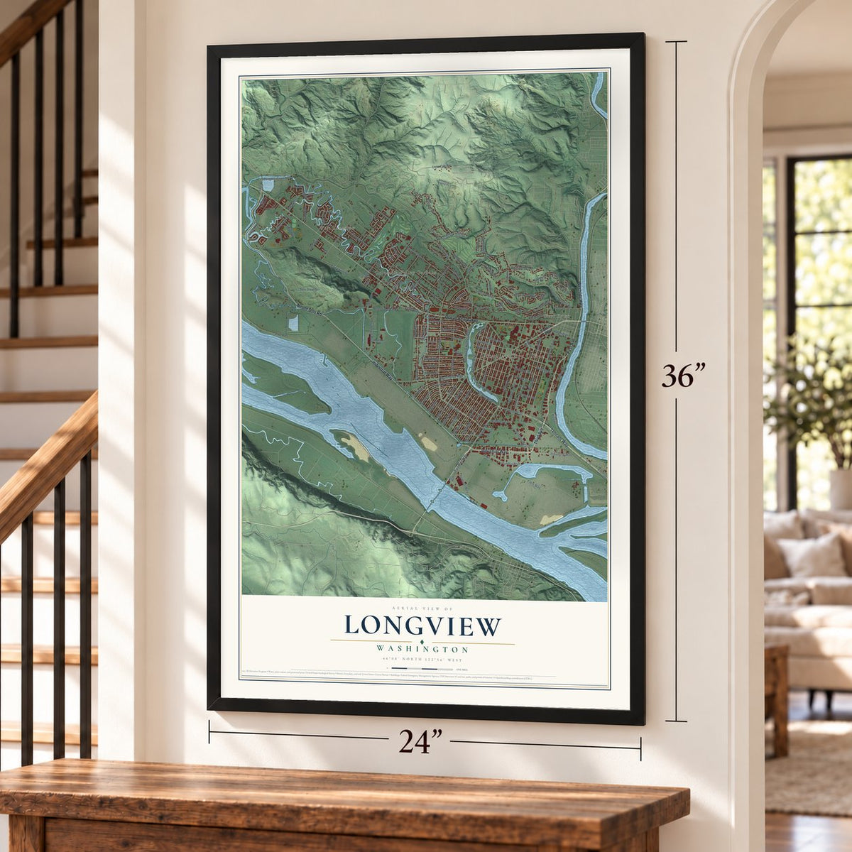 Longview, Washington map, 24 x 36 inch print in a black frame by a staircase