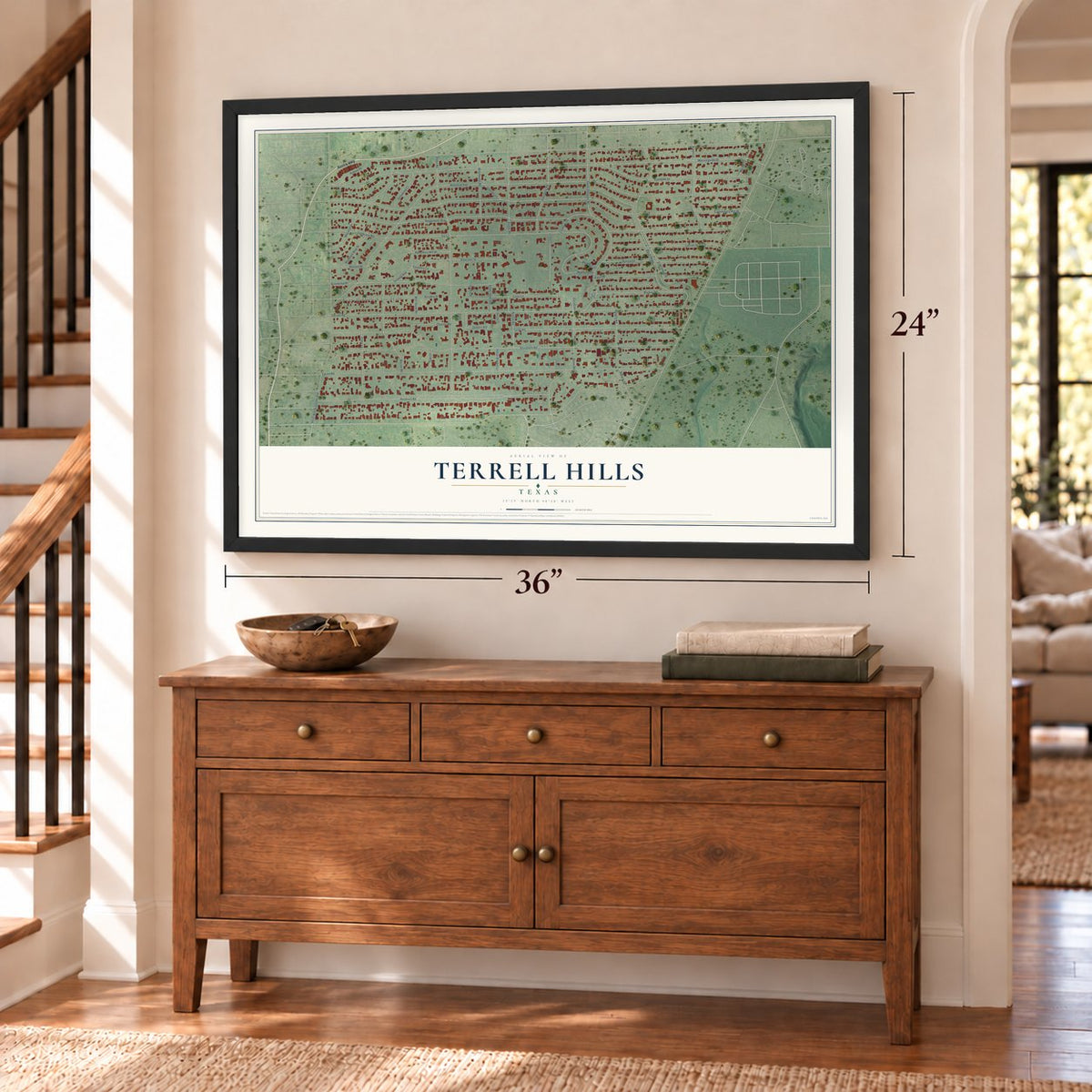 Terrell Hills, Texas map, 24 x 36 inch print in a black frame above a dresser by a staircase