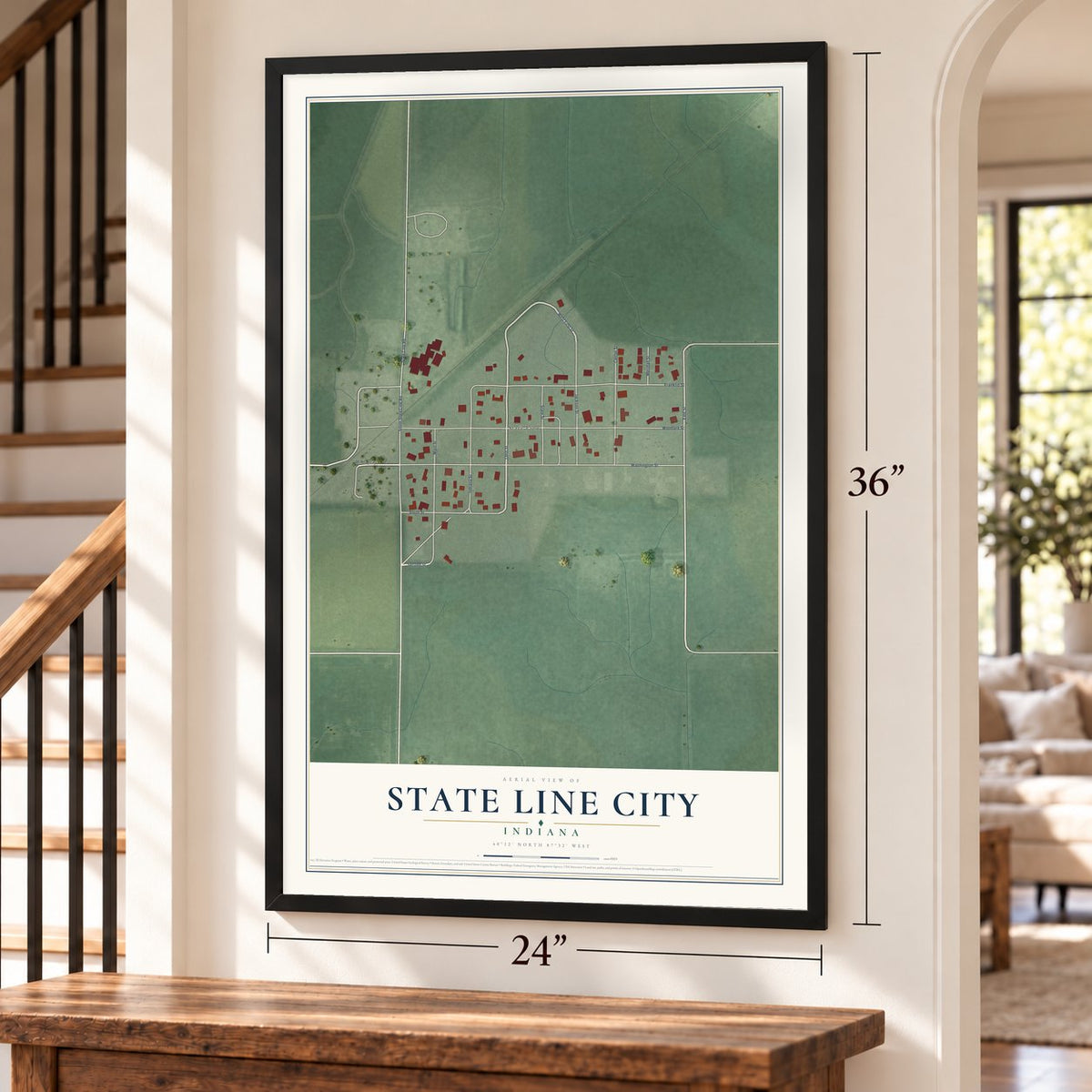 State Line City, Indiana map, 24 x 36 inch print in a black frame by a staircase