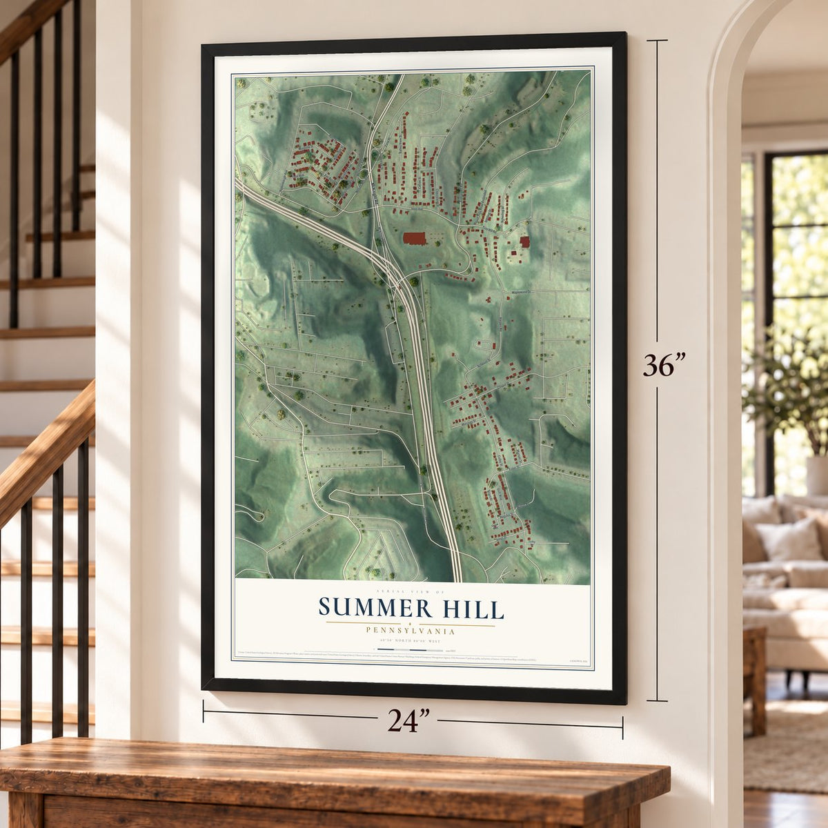 Summer Hill, Pennsylvania map, 24 x 36 inch print in a black frame by a staircase