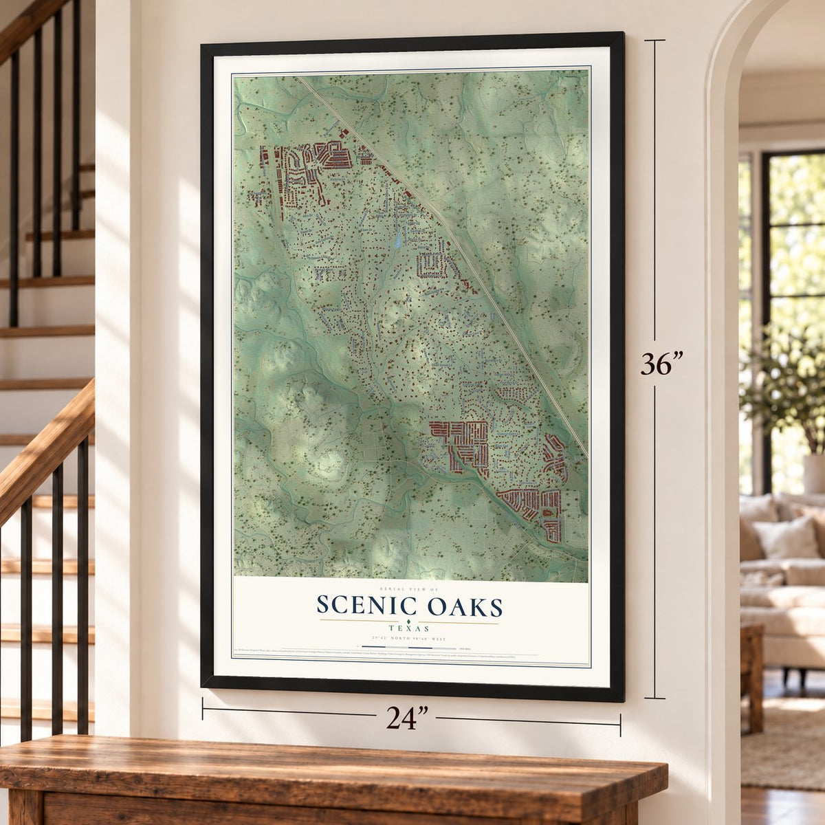 Scenic Oaks, Texas map, 24 x 36 inch print in a black frame by a staircase