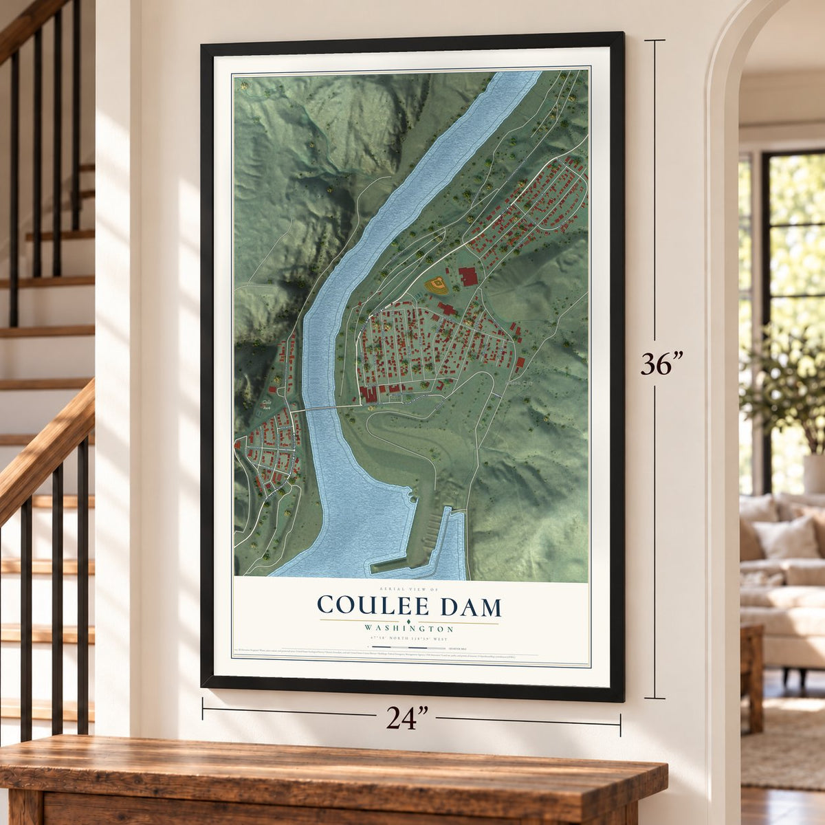 Coulee Dam, Washington map, 24 x 36 inch print in a black frame by a staircase