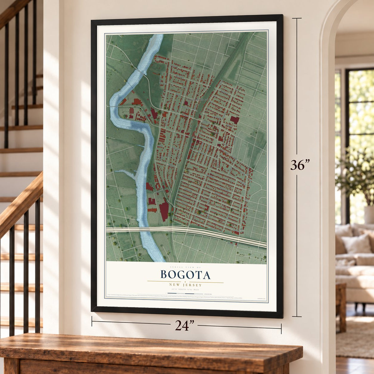 Bogota, New Jersey map, 24 x 36 inch print in a black frame by a staircase