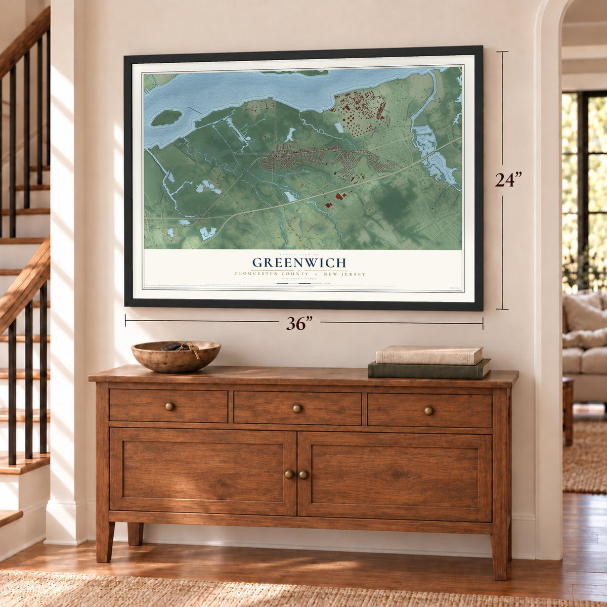Greenwich, Gloucester County, New Jersey map, 24 x 36 inch print in a black frame above a dresser by a staircase