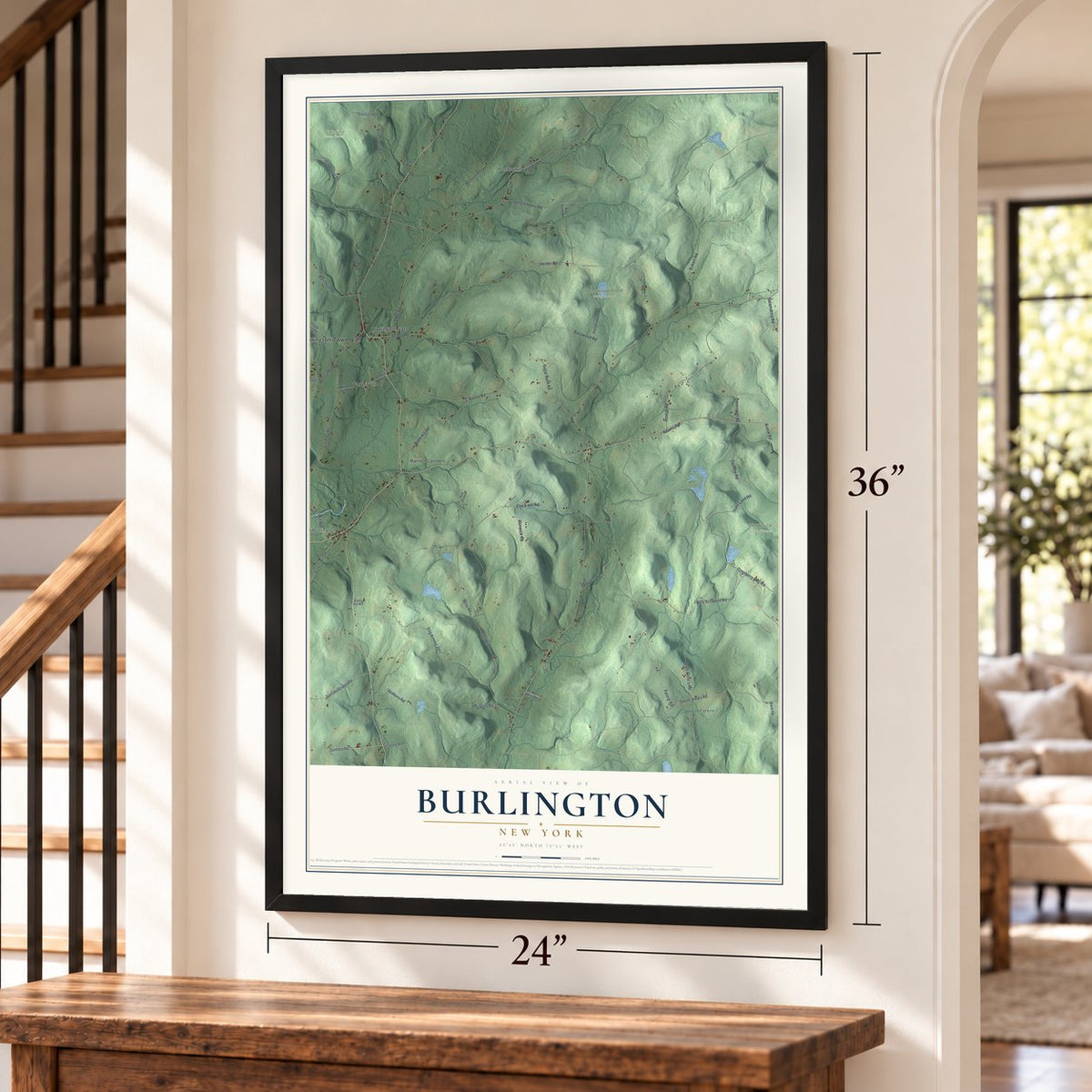 Burlington, New York map, 24 x 36 inch print in a black frame by a staircase