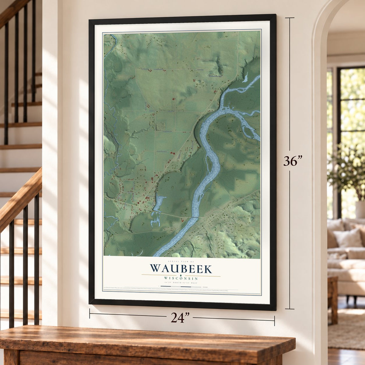Waubeek, Wisconsin map, 24 x 36 inch print in a black frame by a staircase