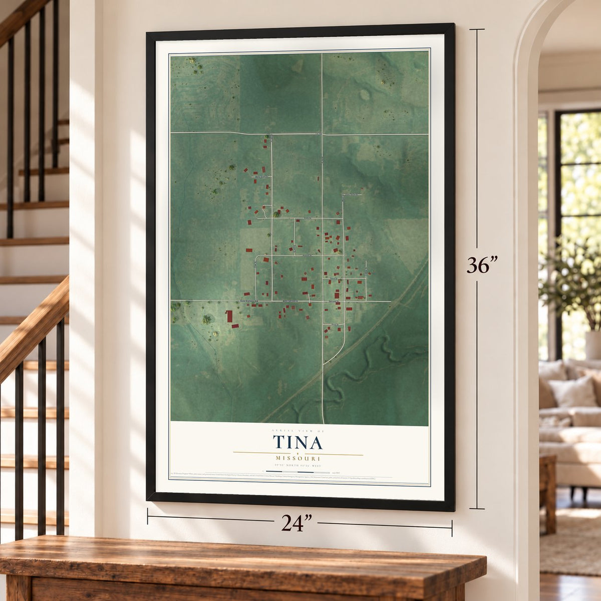 Tina, Missouri map, 24 x 36 inch print in a black frame by a staircase