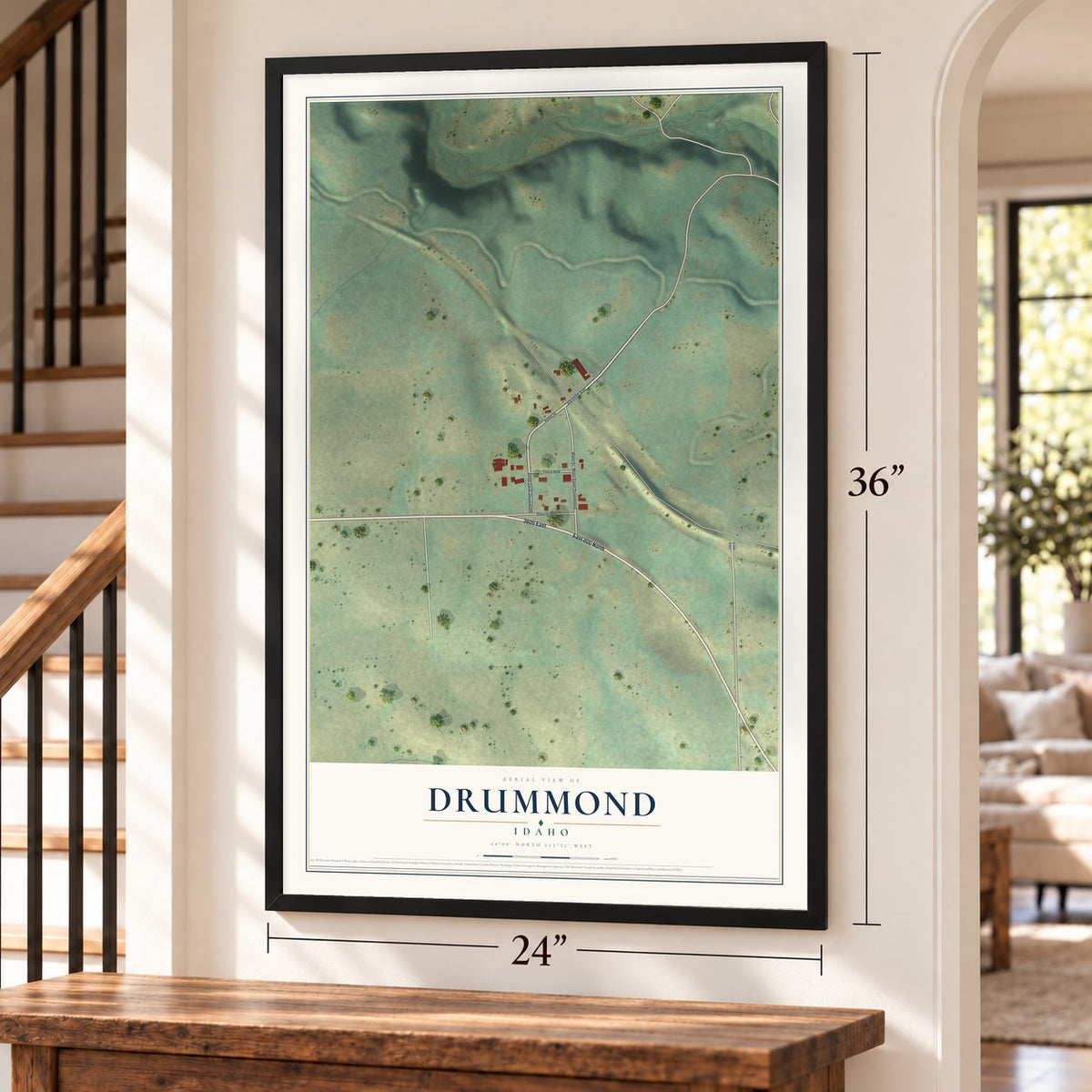 Drummond, Idaho map, 24 x 36 inch print in a black frame by a staircase