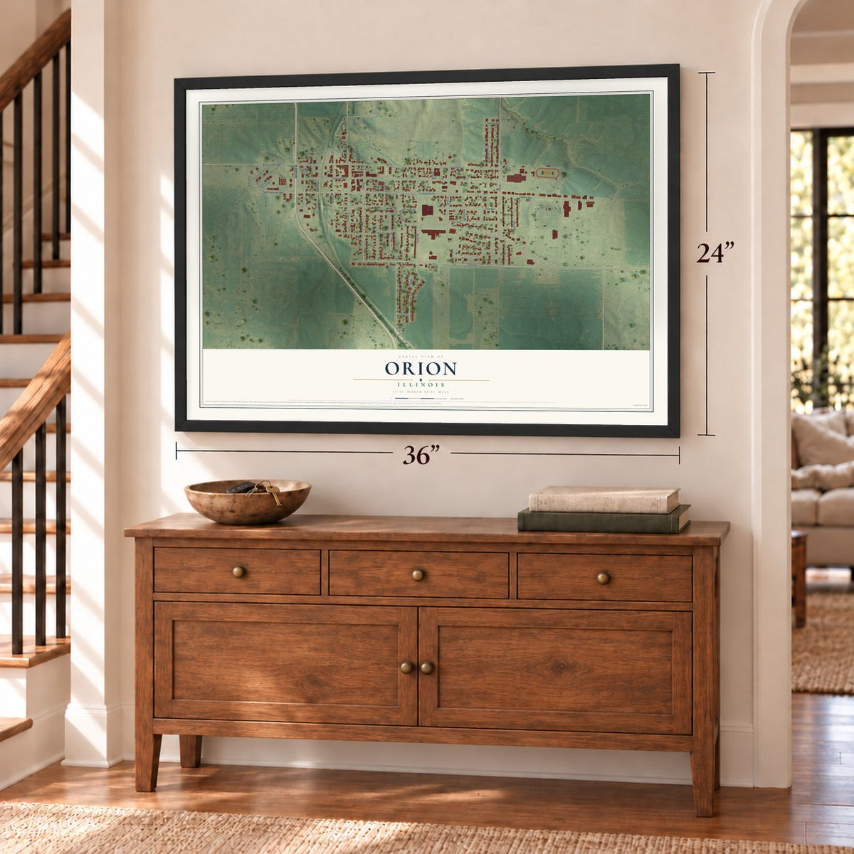 Orion, Illinois map, 24 x 36 inch print in a black frame above a dresser by a staircase