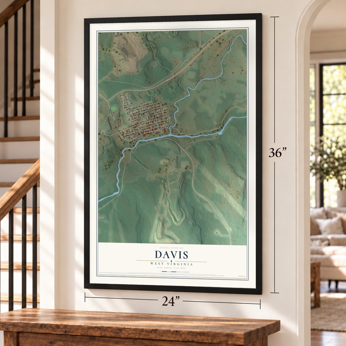 Davis, West Virginia map, 24 x 36 inch print in a black frame by a staircase