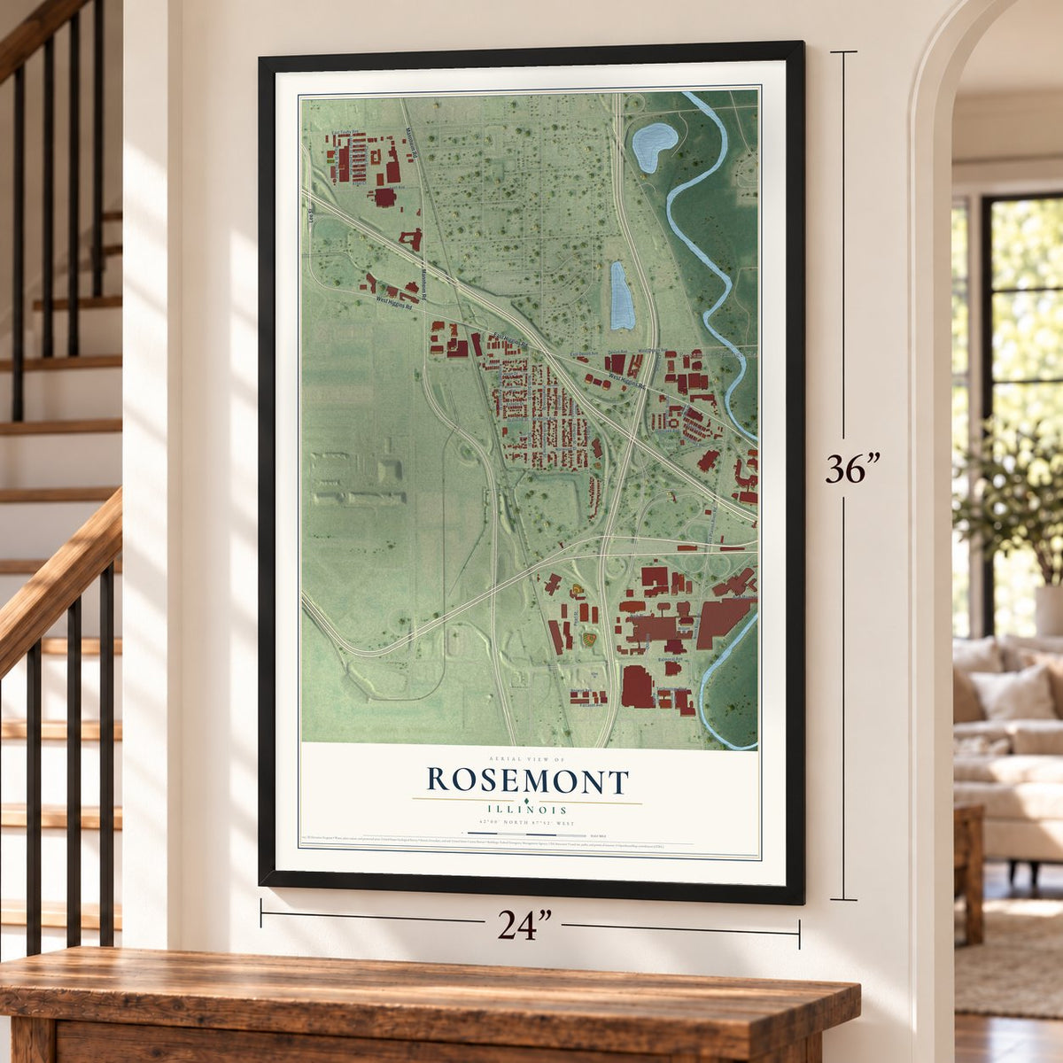Rosemont, Illinois map, 24 x 36 inch print in a black frame by a staircase