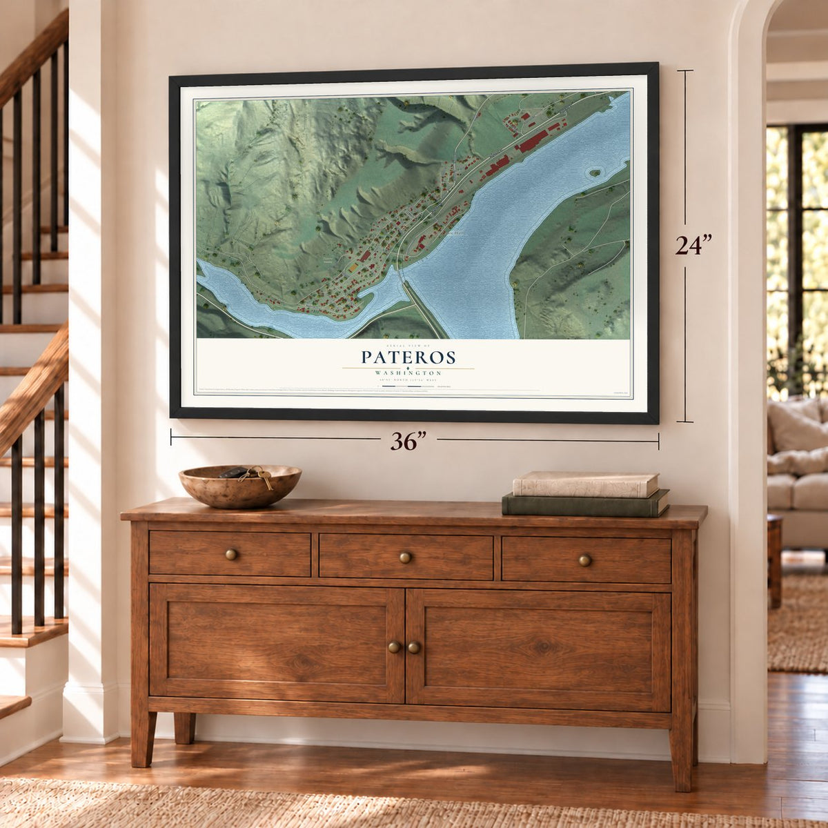 Pateros, Washington map, 24 x 36 inch print in a black frame above a dresser by a staircase