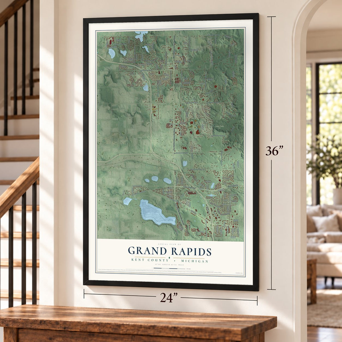 Grand Rapids, Kent County, Michigan map, 24 x 36 inch print in a black frame by a staircase