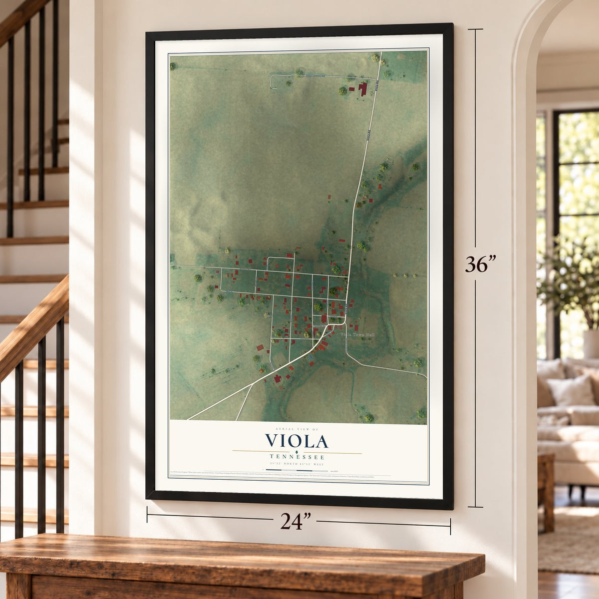 Viola, Tennessee map, 24 x 36 inch print in a black frame by a staircase
