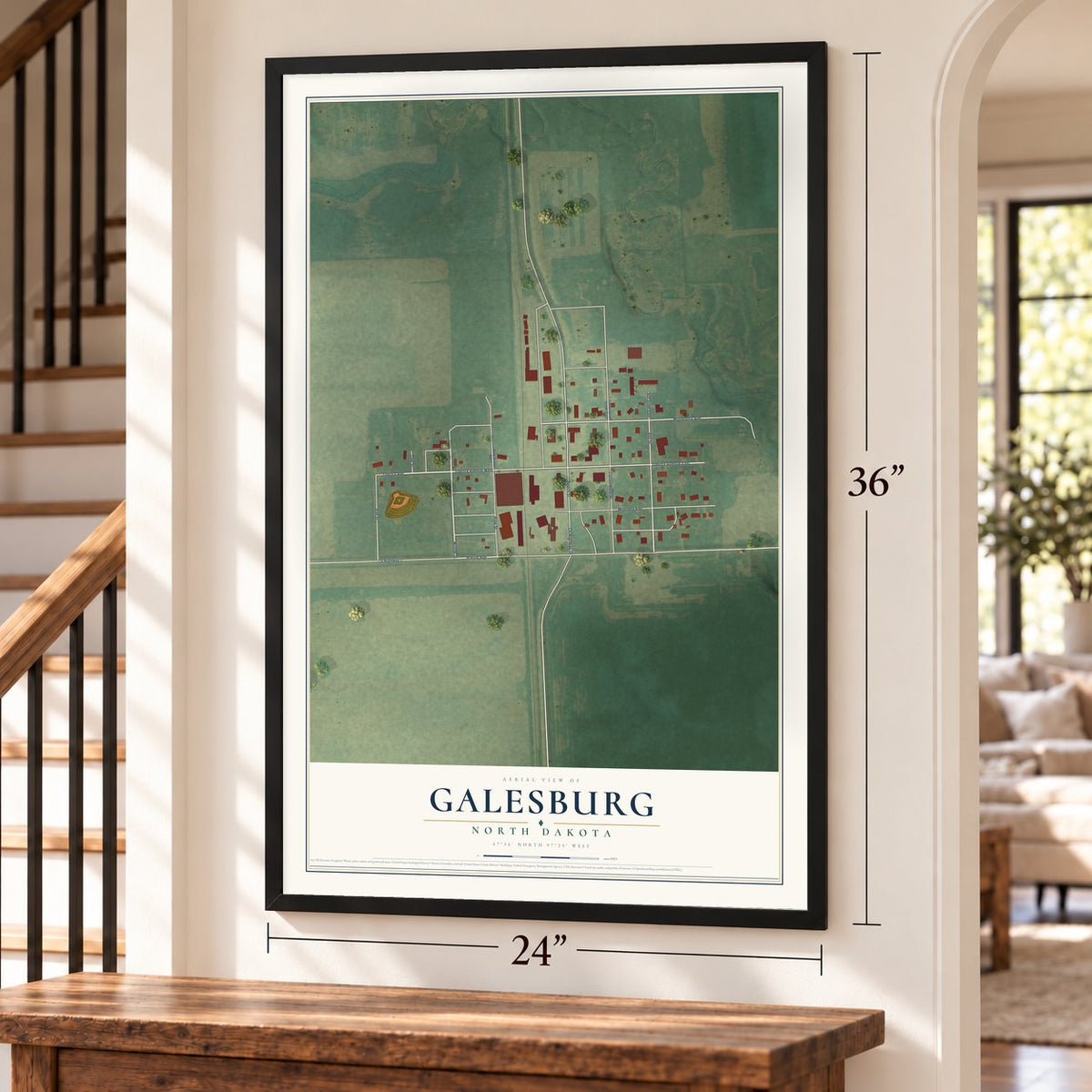 Galesburg, North Dakota map, 24 x 36 inch print in a black frame by a staircase
