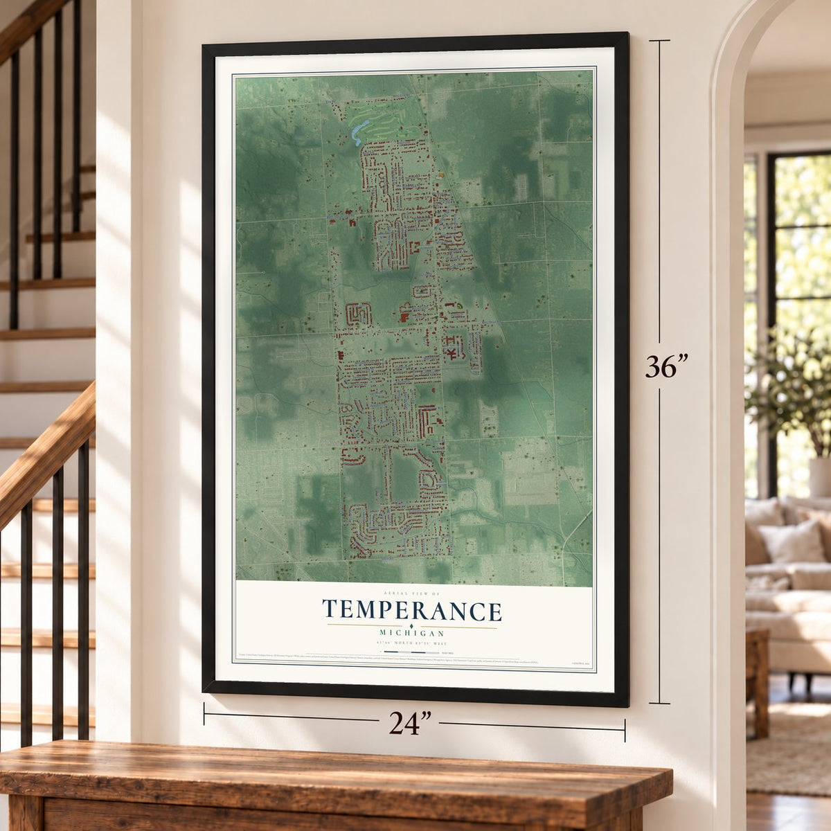 Temperance, Michigan map, 24 x 36 inch print in a black frame by a staircase
