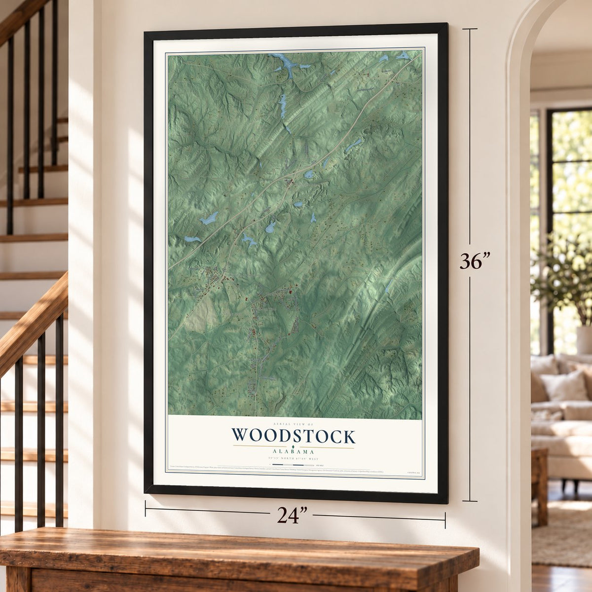 Woodstock, Alabama map, 24 x 36 inch print in a black frame by a staircase
