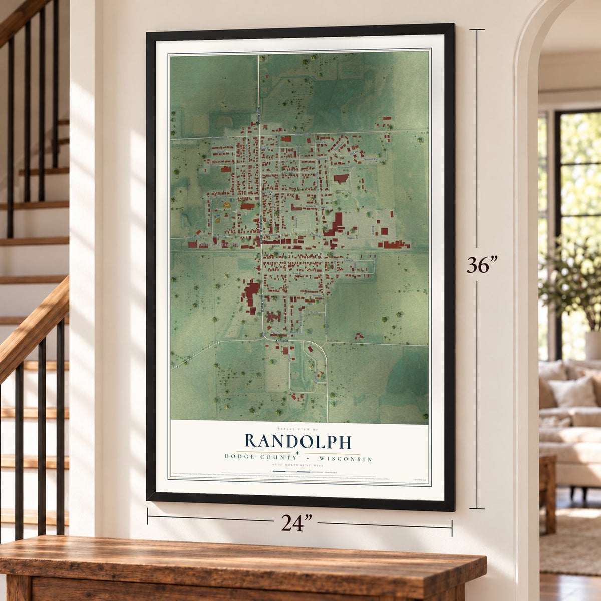 Randolph, Dodge County, Wisconsin map, 24 x 36 inch print in a black frame by a staircase