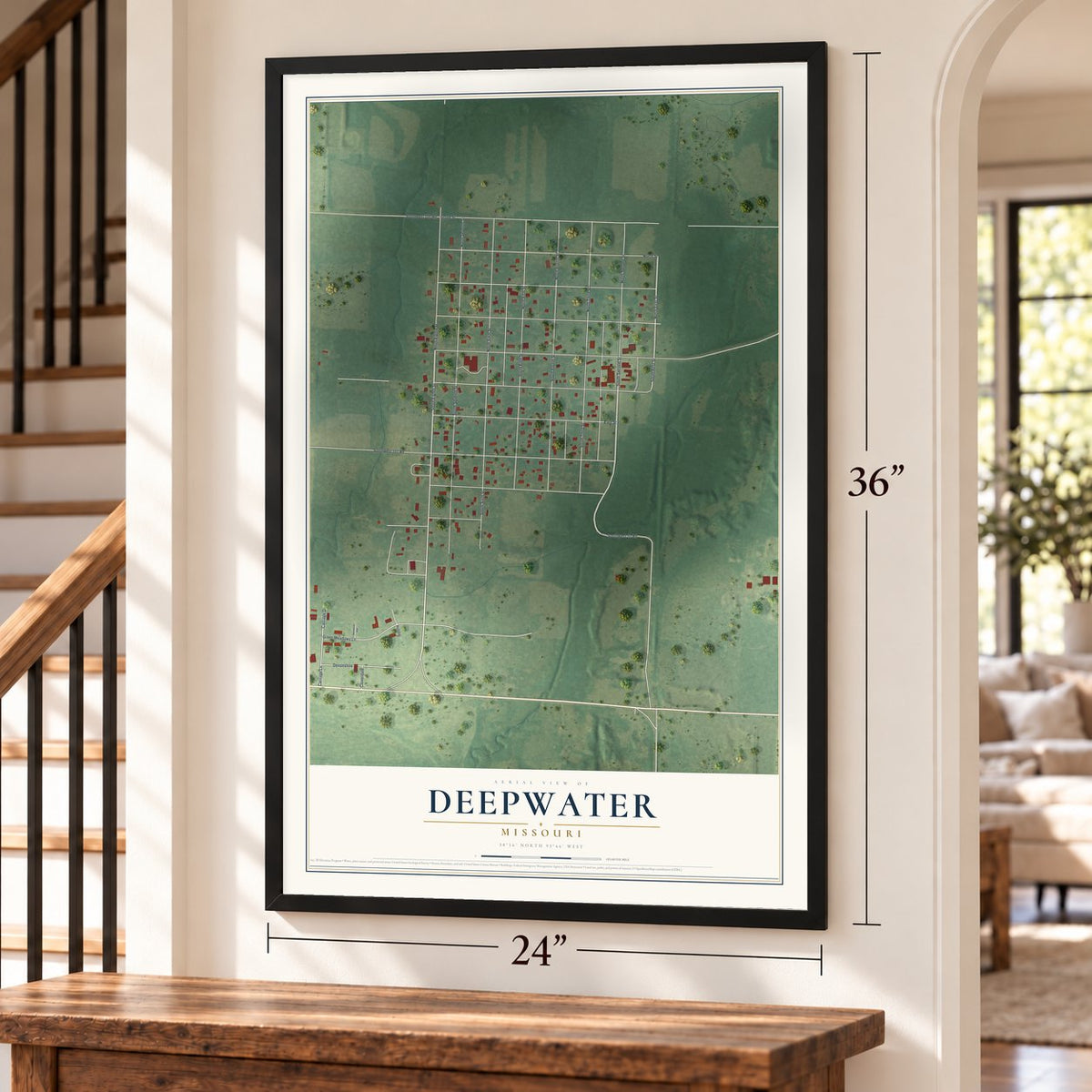 Deepwater, Missouri map, 24 x 36 inch print in a black frame by a staircase