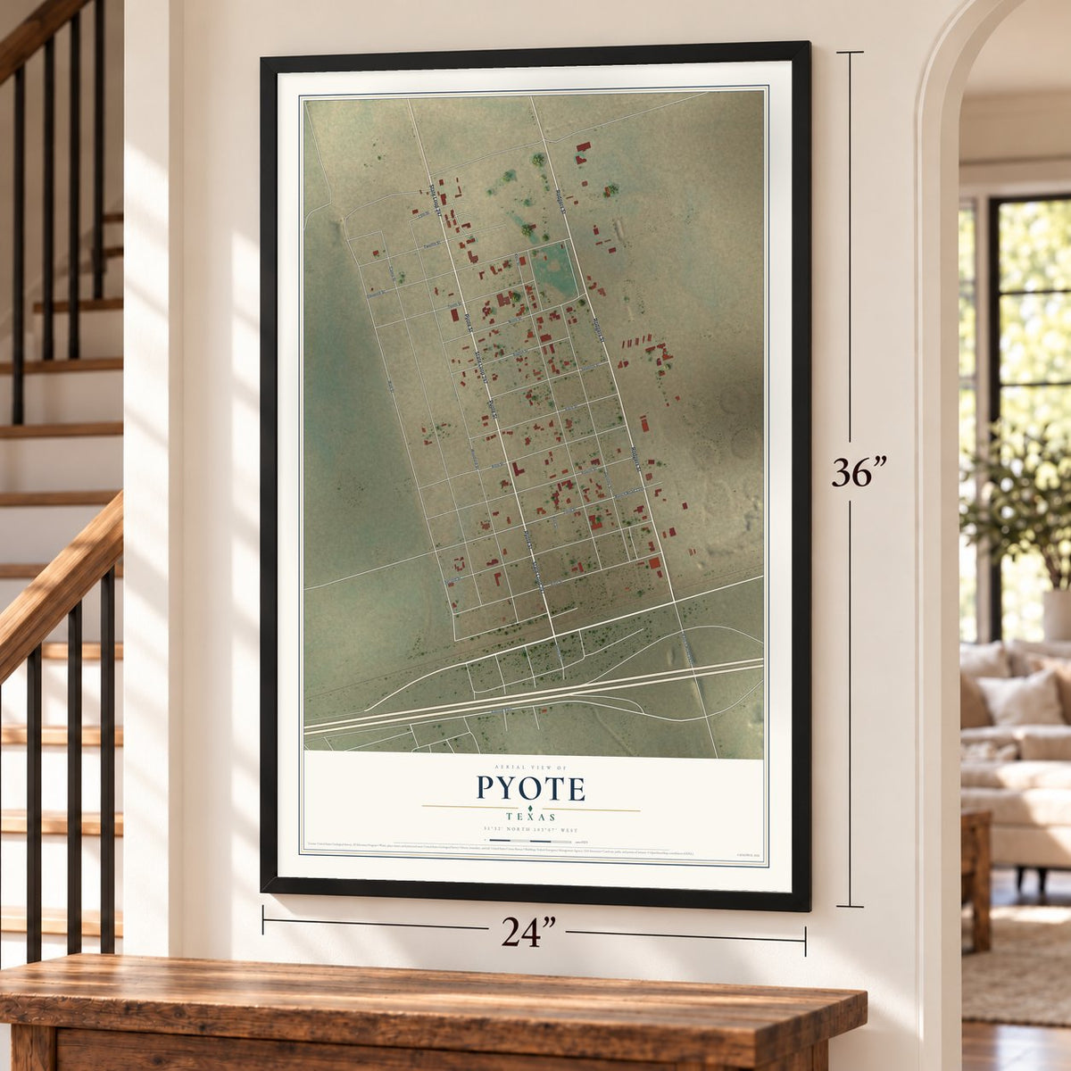Pyote, Texas map, 24 x 36 inch print in a black frame by a staircase