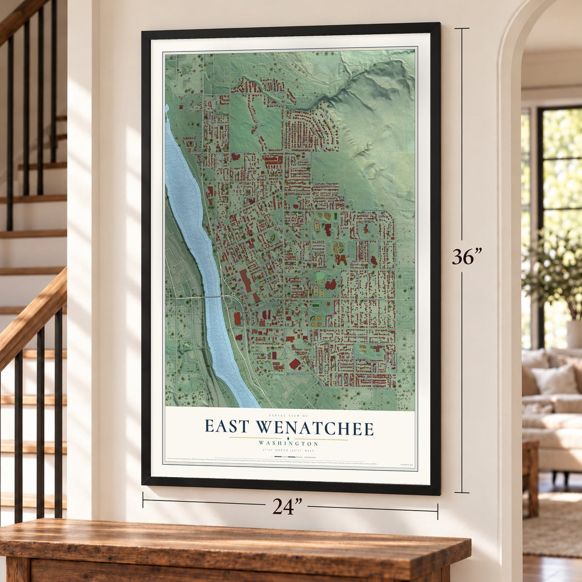 East Wenatchee, Washington map, 24 x 36 inch print in a black frame by a staircase