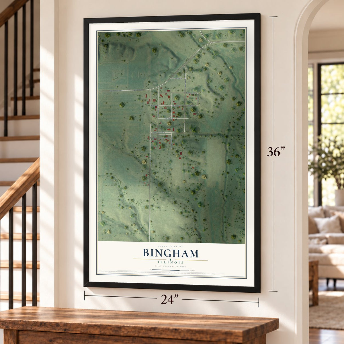 Bingham, Illinois map, 24 x 36 inch print in a black frame by a staircase