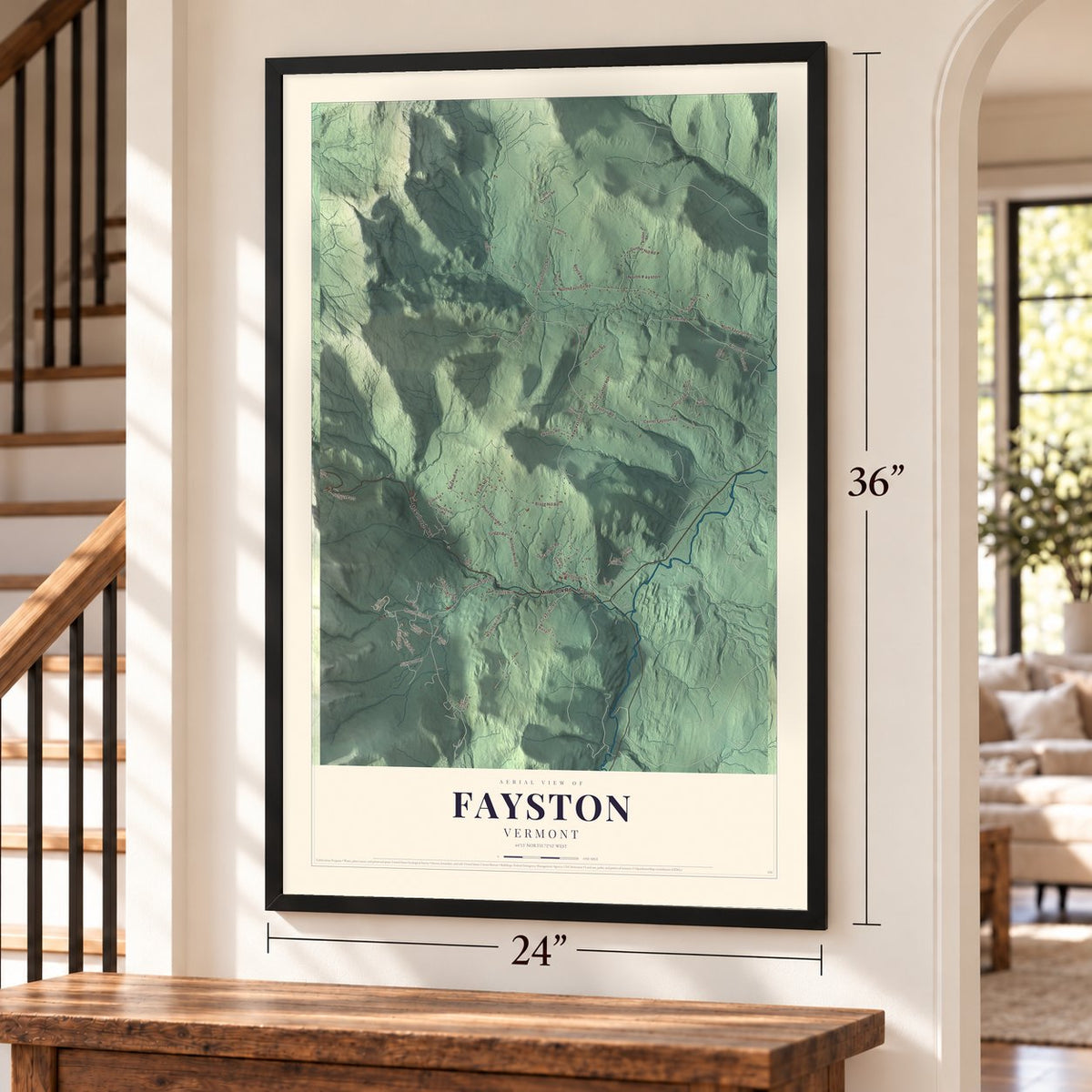 Fayston, Vermont map, 24 x 36 inch print in a black frame by a staircase
