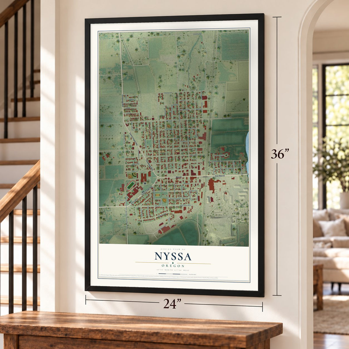 Nyssa, Oregon map, 24 x 36 inch print in a black frame by a staircase