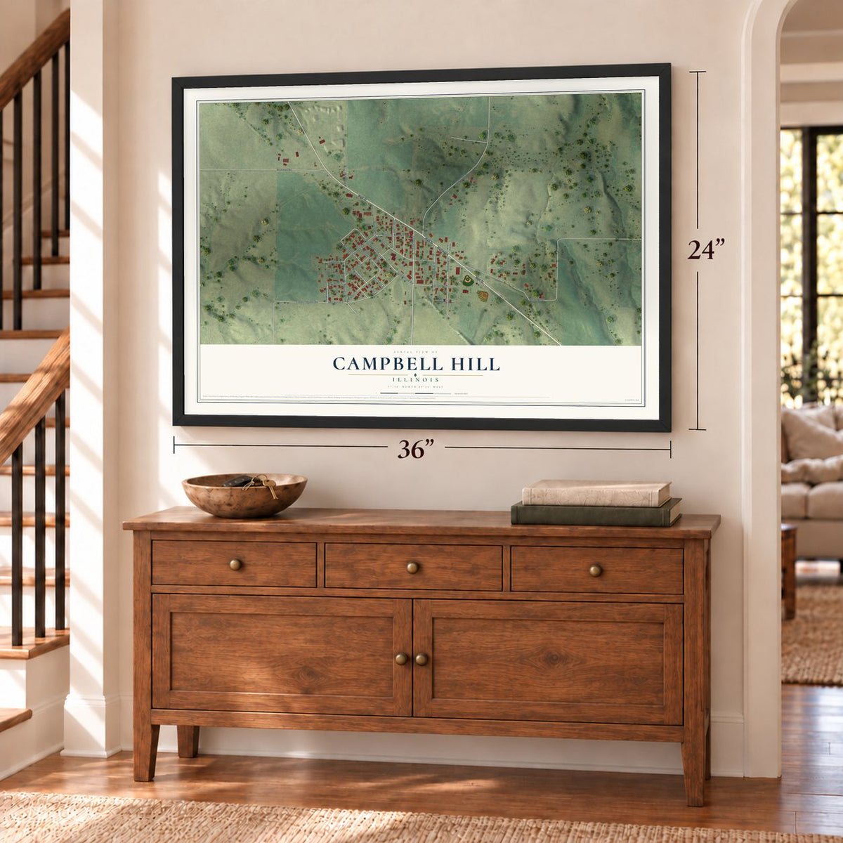 Campbell Hill, Illinois map, 24 x 36 inch print in a black frame above a dresser by a staircase