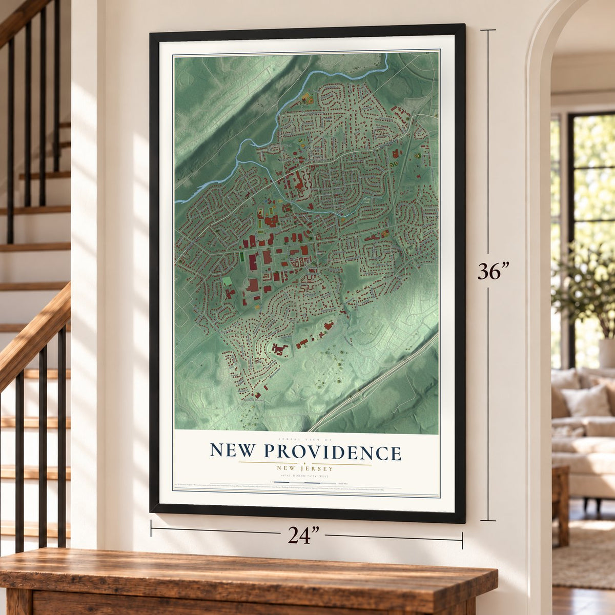 New Providence, New Jersey map, 24 x 36 inch print in a black frame by a staircase