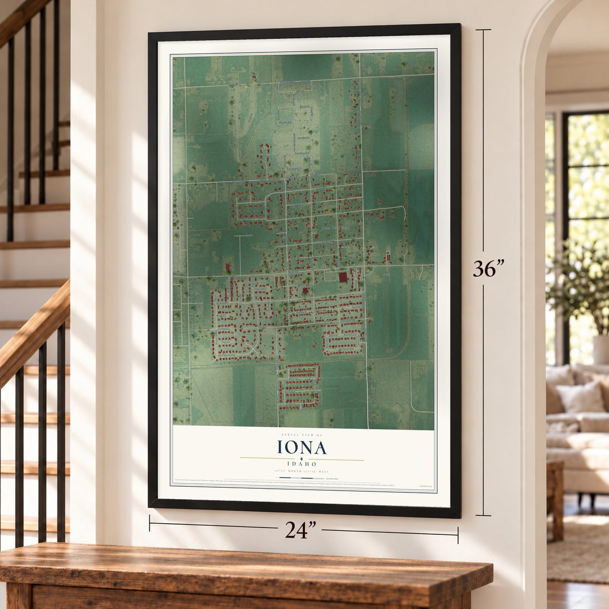 Iona, Idaho map, 24 x 36 inch print in a black frame by a staircase