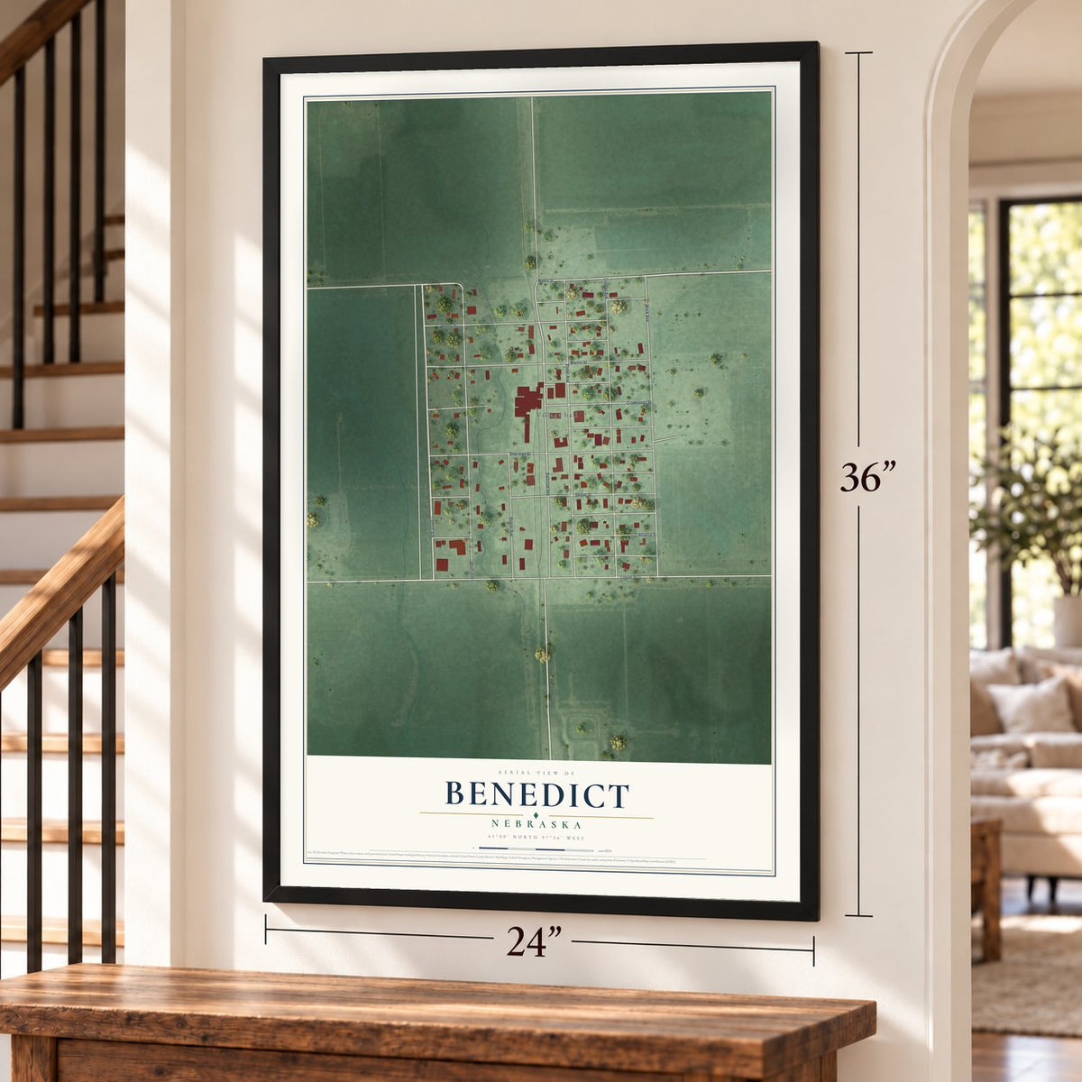 Benedict, Nebraska map, 24 x 36 inch print in a black frame by a staircase