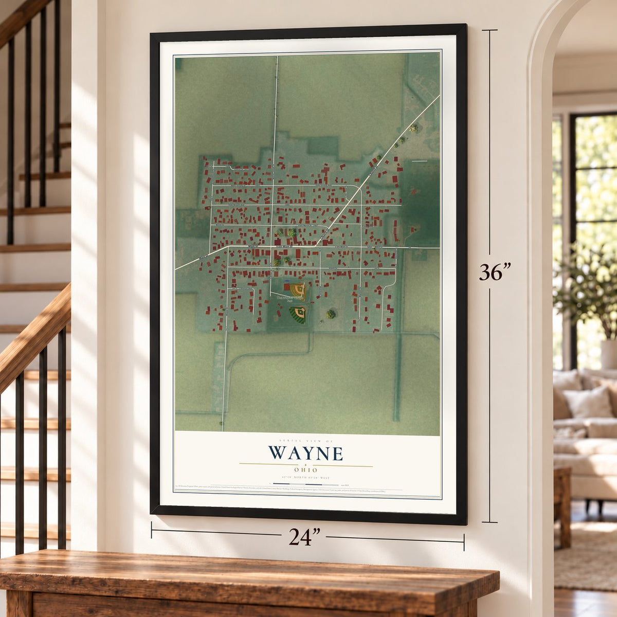 Wayne, Ohio map, 24 x 36 inch print in a black frame by a staircase