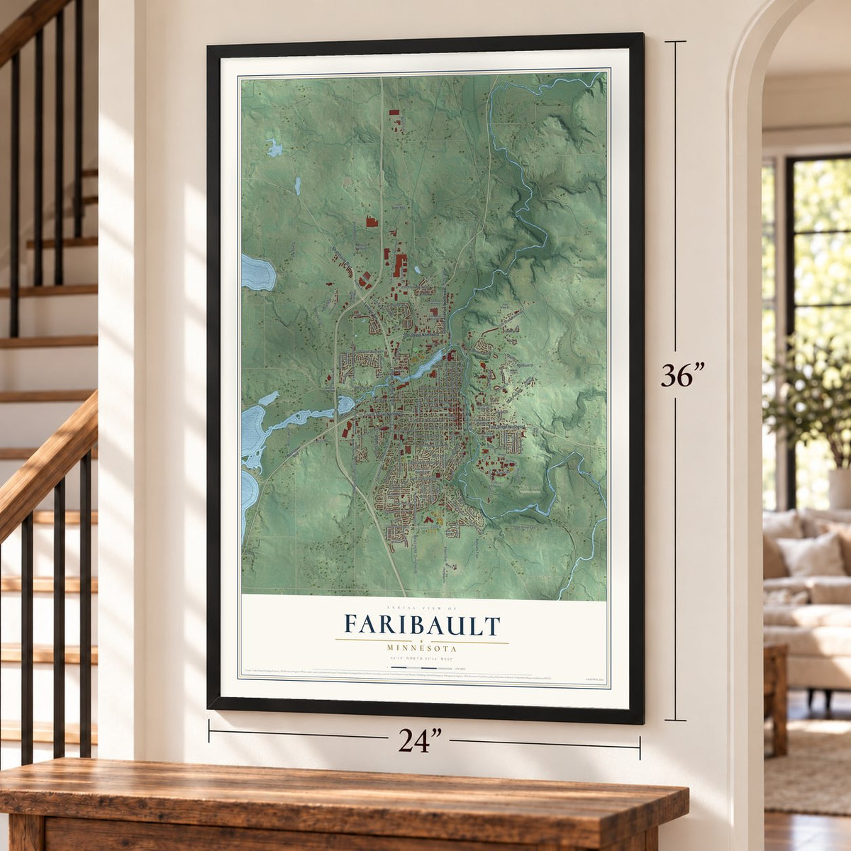 Faribault, Minnesota map, 24 x 36 inch print in a black frame by a staircase
