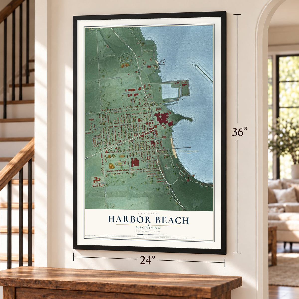 Harbor Beach, Michigan map, 24 x 36 inch print in a black frame by a staircase