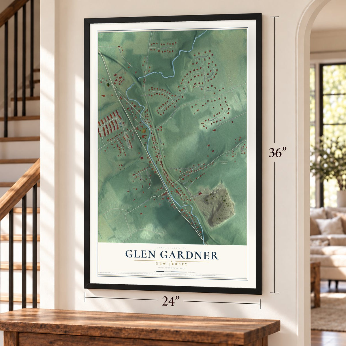 Glen Gardner, New Jersey map, 24 x 36 inch print in a black frame by a staircase