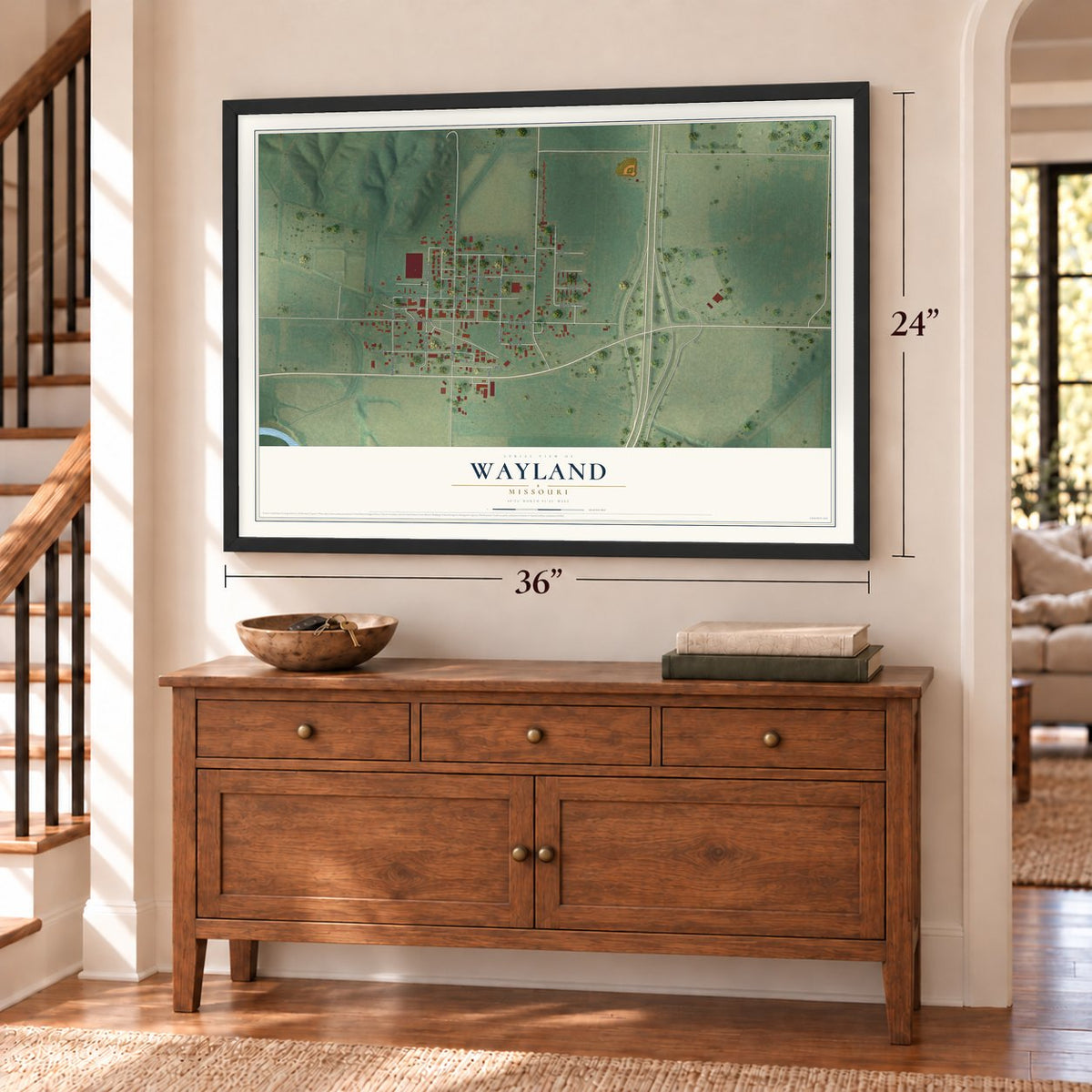 Wayland, Missouri map, 24 x 36 inch print in a black frame above a dresser by a staircase