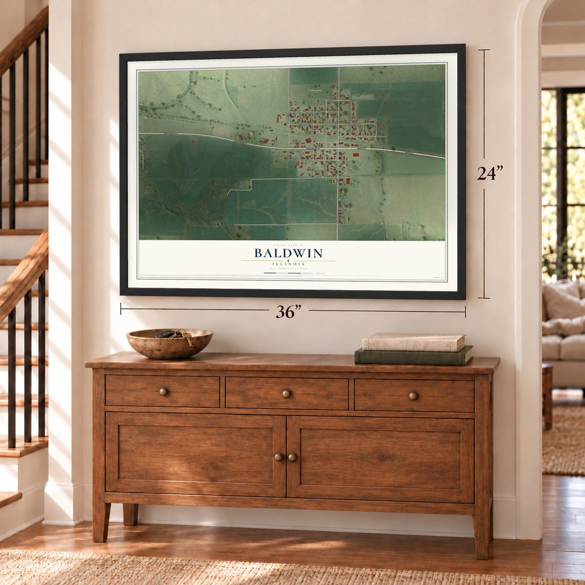 Baldwin, Illinois map, 24 x 36 inch print in a black frame above a dresser by a staircase