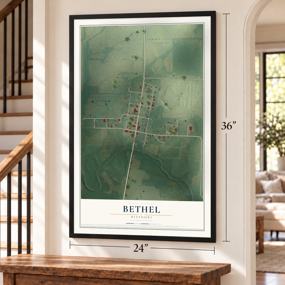 Bethel, Missouri map, 24 x 36 inch print in a black frame by a staircase
