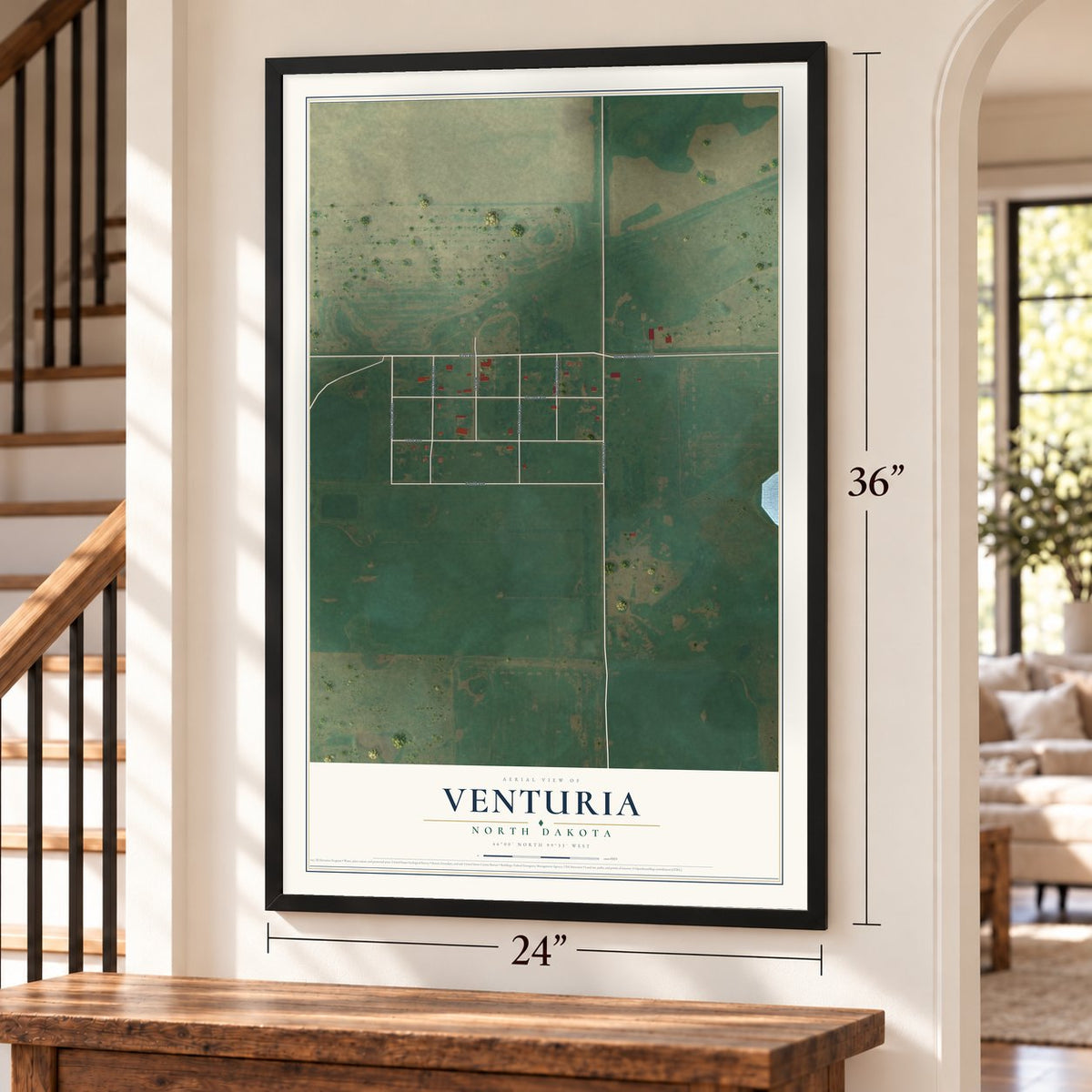 Venturia, North Dakota map, 24 x 36 inch print in a black frame by a staircase
