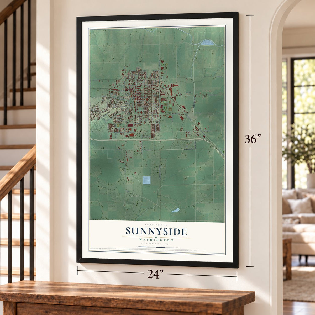 Sunnyside, Washington map, 24 x 36 inch print in a black frame by a staircase