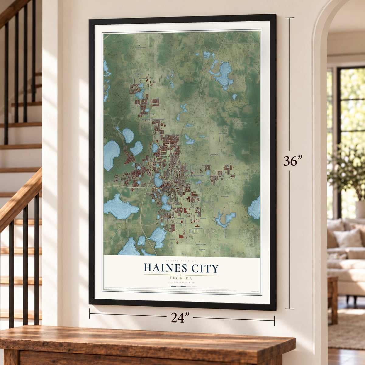 Haines City, Florida map, 24 x 36 inch print in a black frame by a staircase