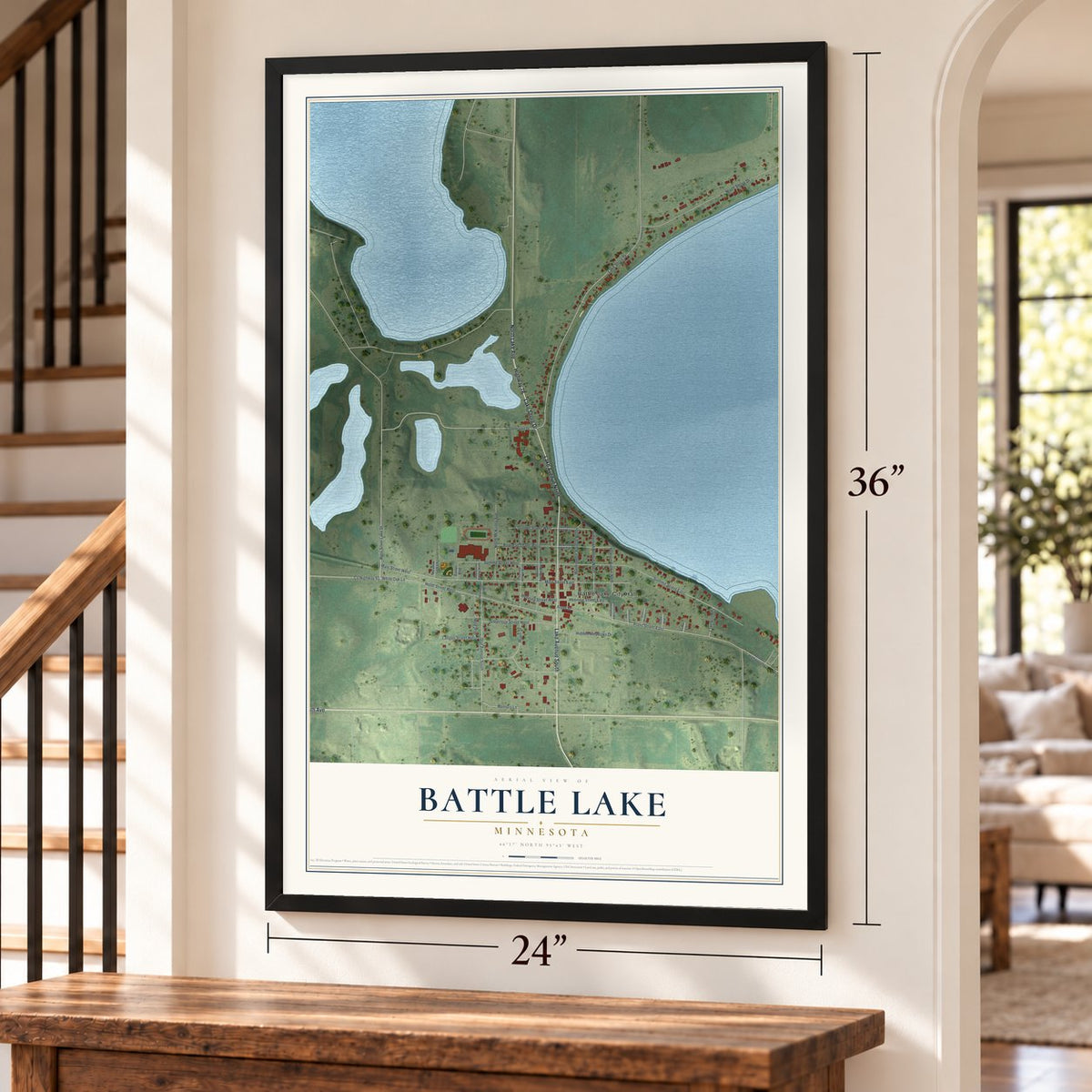 Battle Lake, Minnesota map, 24 x 36 inch print in a black frame by a staircase